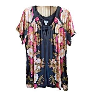 Worthington Woman Blouse Size 3X Black Floral Roses Relaxed Short Sleeve EUC